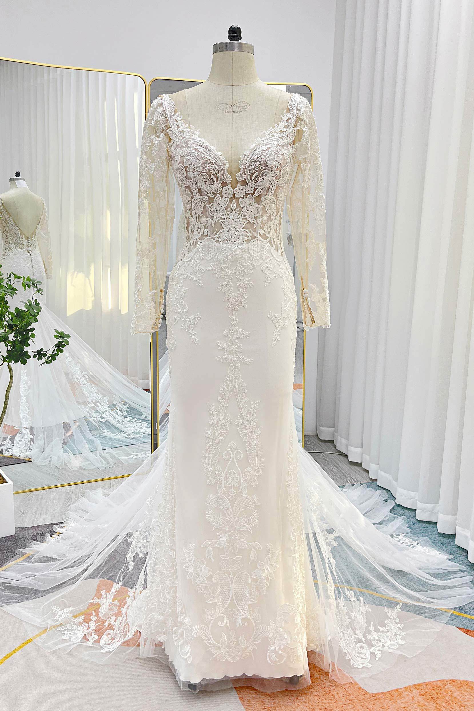 Trumpet-Mermaid Chapel Train Lace Tulle Wedding Dress CW3258 - COCOMELODY